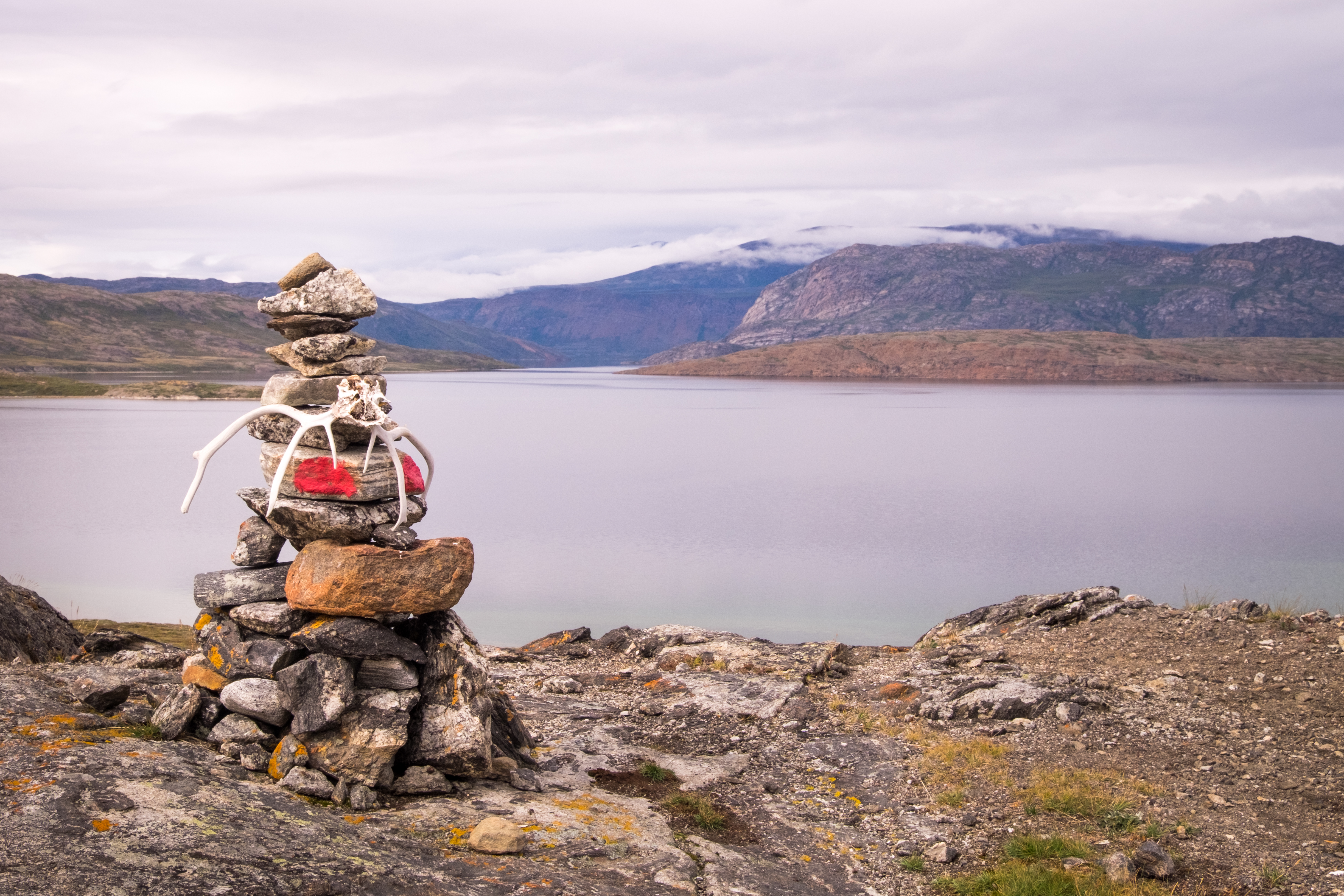 Navigation cairn on the Arctic Circle Trail overlooking one of the lakes. Hikers need to have enough experience to navigate without a path