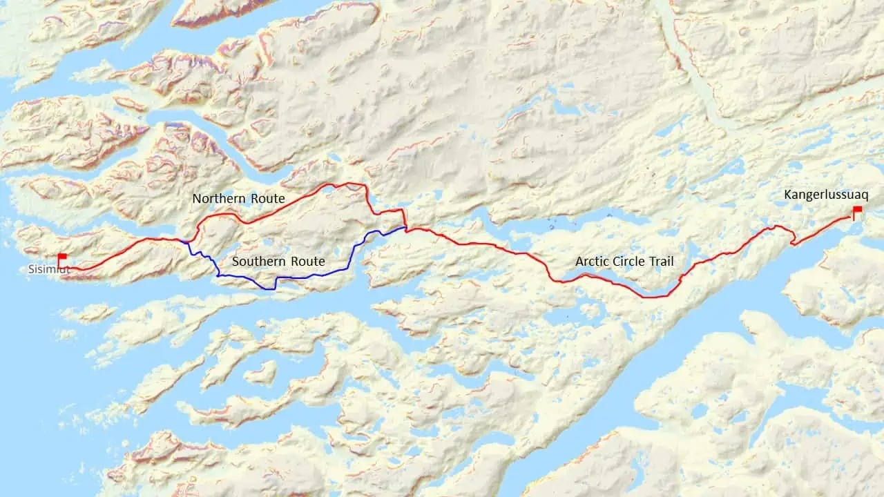 High level overview map of the Arctic Circle Trail (Northern and Southern routes) between Kangerlussuaq and Sisimiut in West Greenland