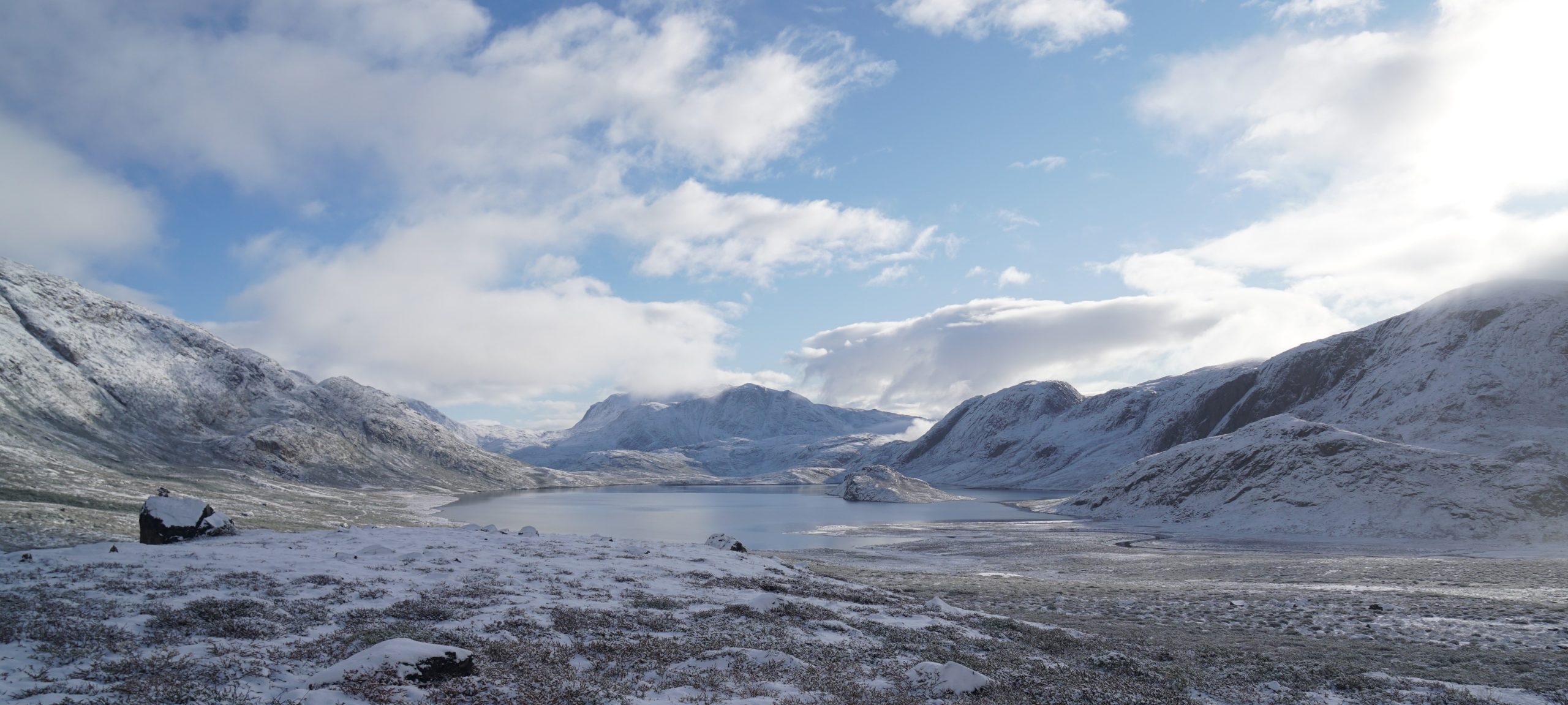 Panormaic view of part of Greenland's Arctic Circle Trail late in the season with fresh snow